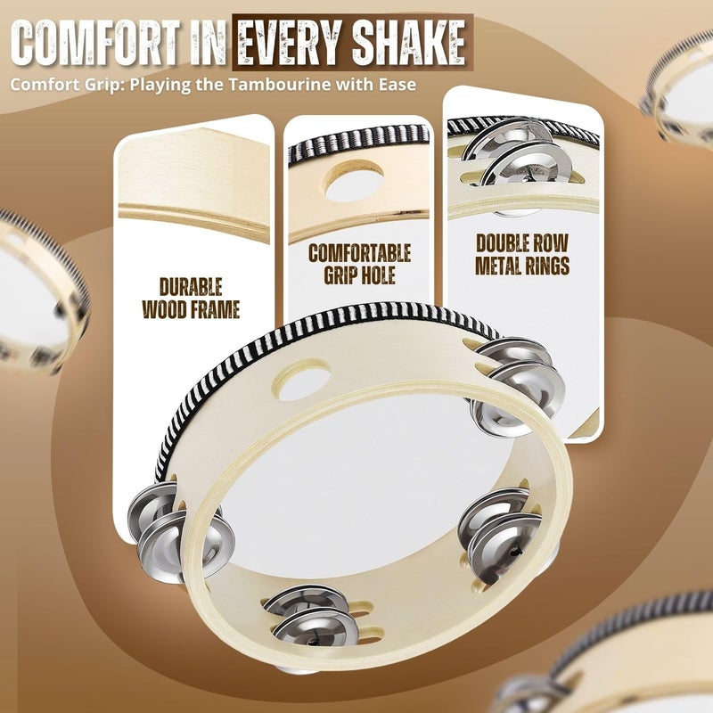 Flexzion Wood Handheld Tambourine Adults 6-Inch Double Row 8-Pair Jingles (Wood) - Percussion Round Tamborines Musical Instrument with Metal Zills - Image 5